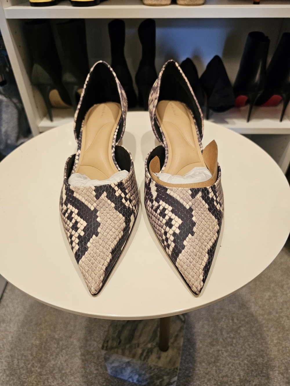 Gianni Bini Black and Beige Snake-Print D'Orsay Pointed Flats